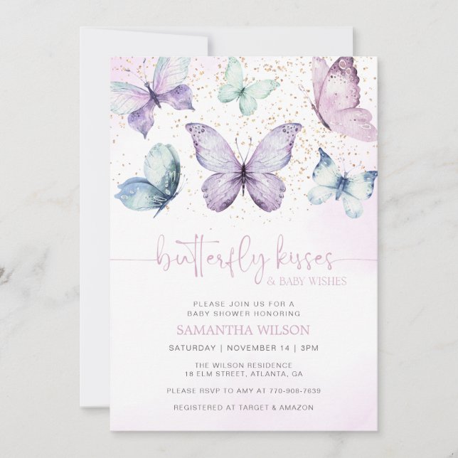 Invitation Purple Papillon Baisers Baby shower fille (Devant)