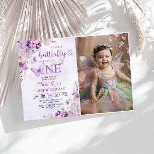 Invitation Purple Papillon Boho Fleurs 1er Anniversaire Photo