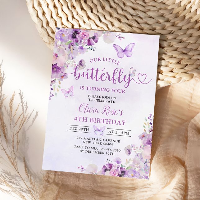 Invitation Purple Papillon Floral Fille fête d'anniversaire (Créateur téléchargé)