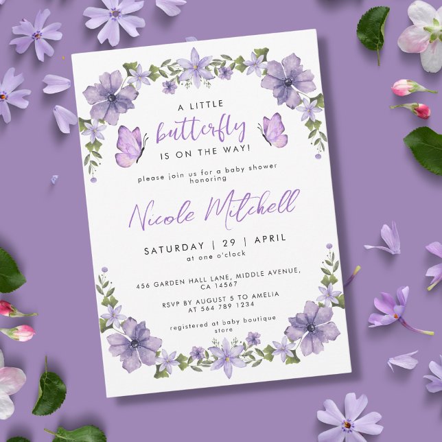 Invitation Purple Papillons Aquarelle Fleur sauvage Baby Show (Créateur téléchargé)