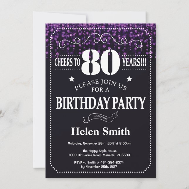 Invitation Purple Parties scintillant 80e anniversaire Invita (Devant)