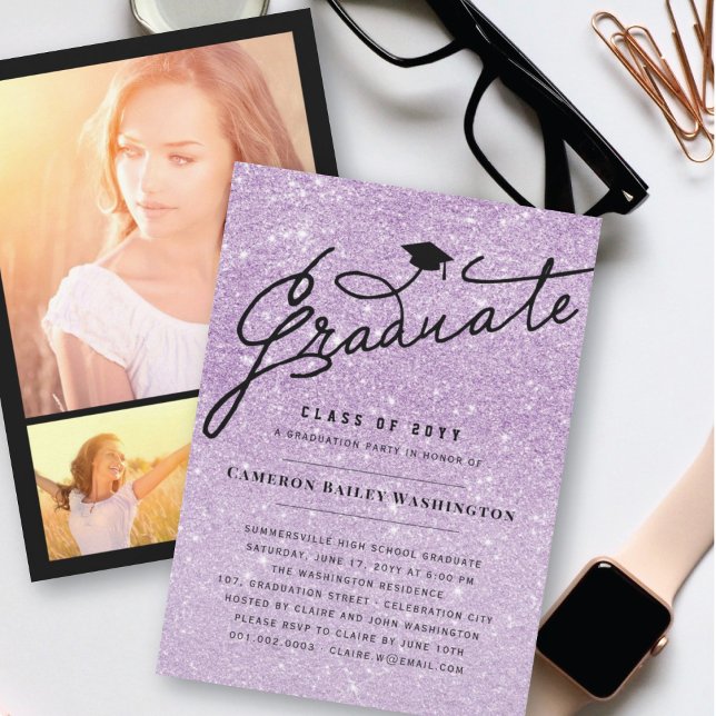 Invitation Purple Parties scintillant Chic Graduate Graduate  (Créateur téléchargé)