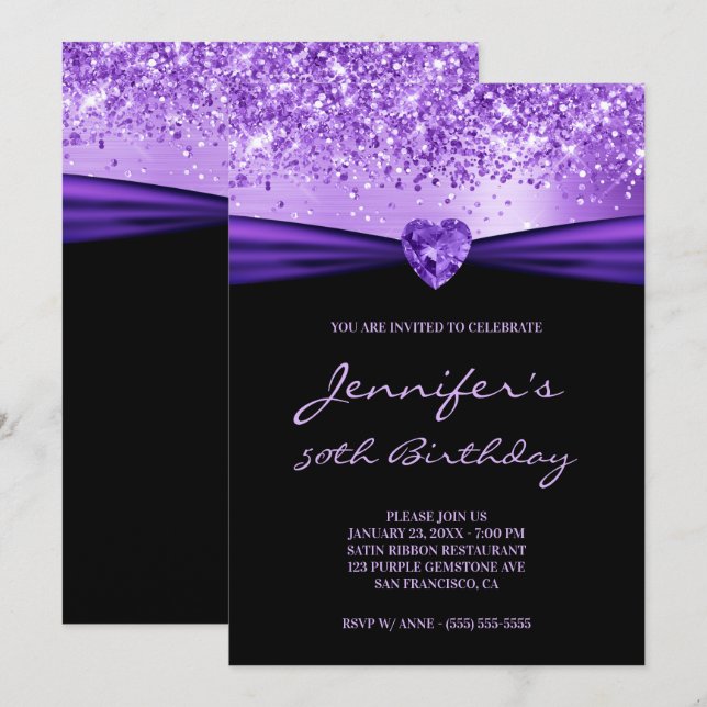 Invitation Purple Parties scintillant Foil Gem Heart 50e anni (Devant / Derrière)