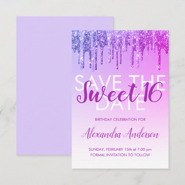 Invitation Purple Parties scintillant Sweet 16 Enregistrer la (Devant / Derrière)
