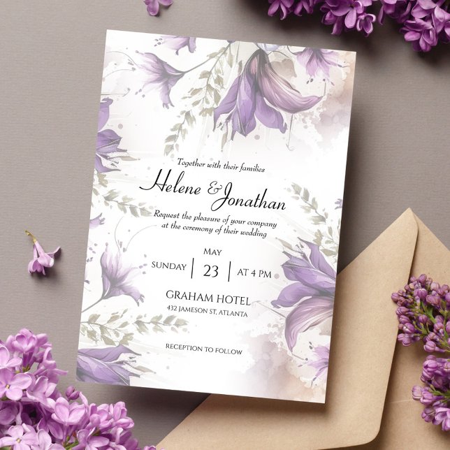 Invitation Purple Pastel Moderne Boho Floral Mariage élégant (Purple Pastel Modern Boho Floral Elegant Wedding Invitation)