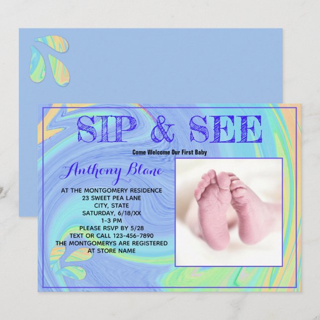 Invitation Purple Pastel Nouveau-né Sip et voir Photo personn (Devant / Derrière)