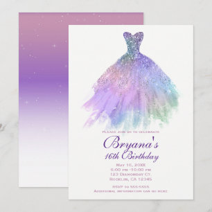 Invitation Purple Pastel Parties scintillant Glam Dress Sweet