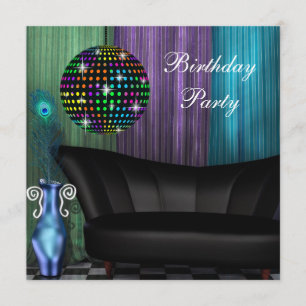 Invitation Purple Peacock Mirror Ball Disco Anniversaire