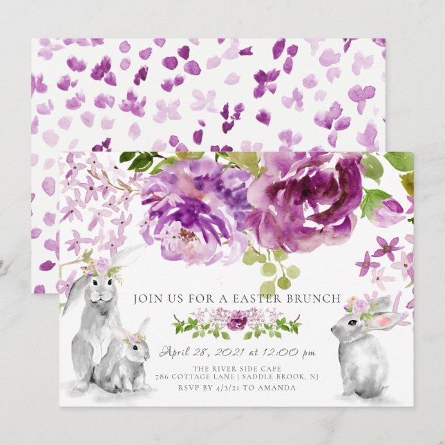 Invitation Purple Peonies Floral Pâques Brunch (Devant / Derrière)