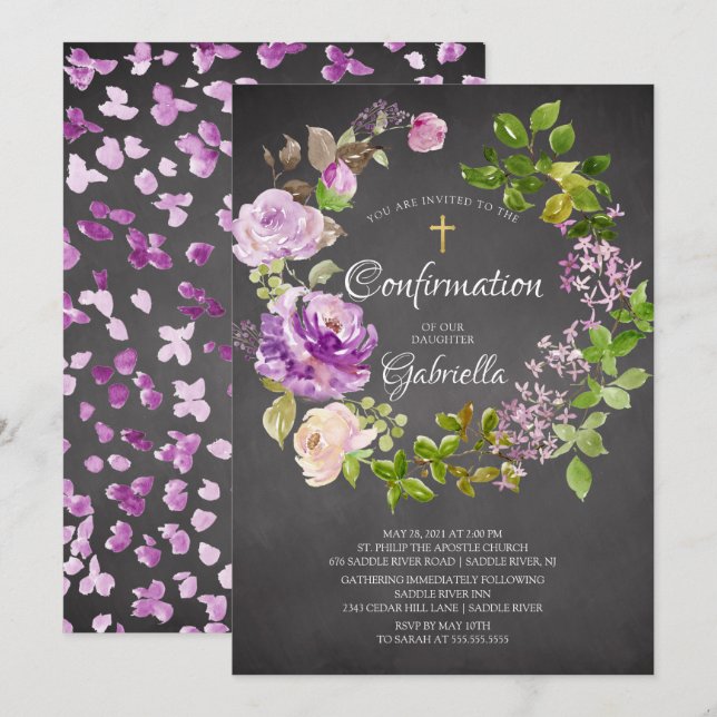 Invitation Purple Peonies Floral Wreath Confirmation (Devant / Derrière)