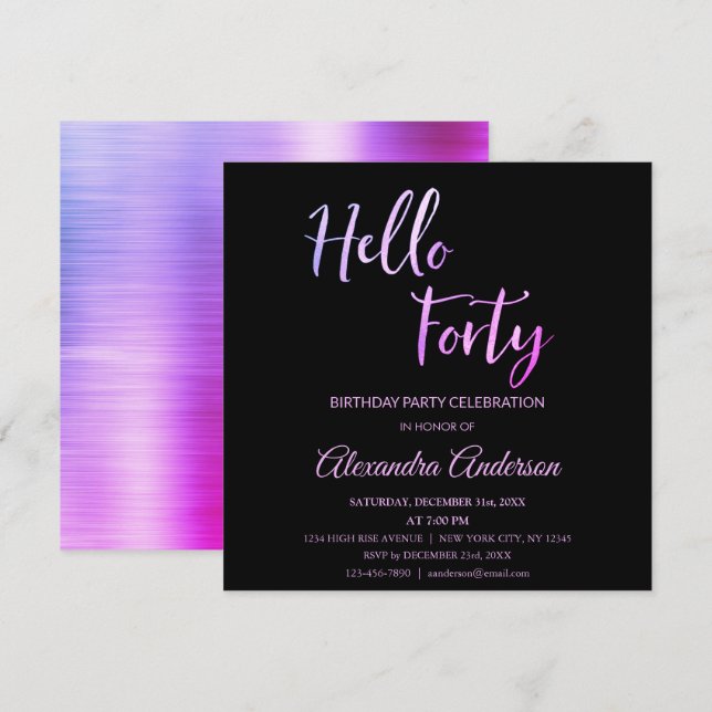 Invitation Purple Pink Foil Bonjour 40 Quarante Anniversaire  (Devant / Derrière)