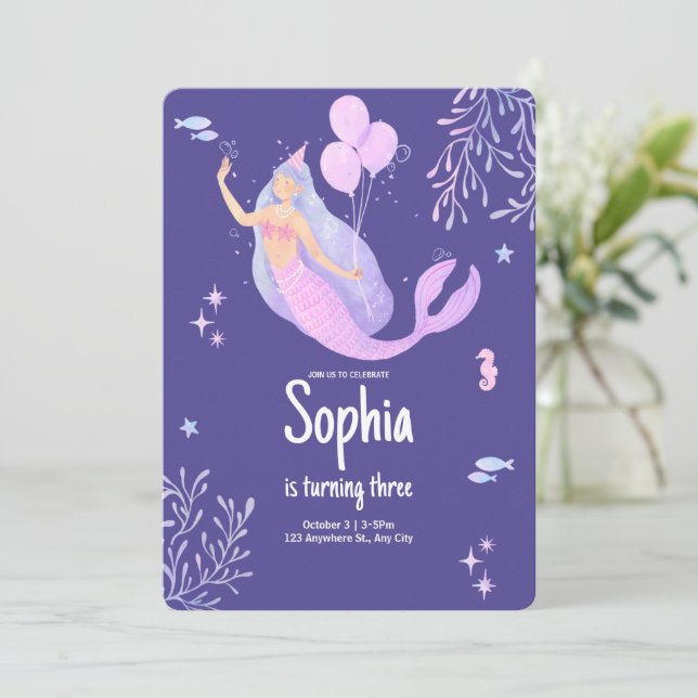 Invitation Purple Pink Pastel Mermaid Anniversaire (Debout devant)