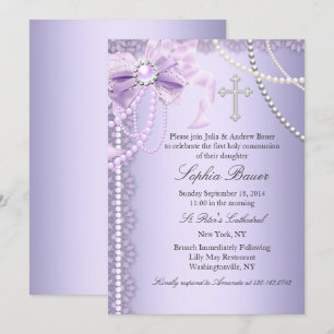 Invitation Purple Pretty Pearl Bow Cross Première Sainte Comm