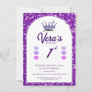 Invitation Purple Princess Parties scintillant 1er anniversai