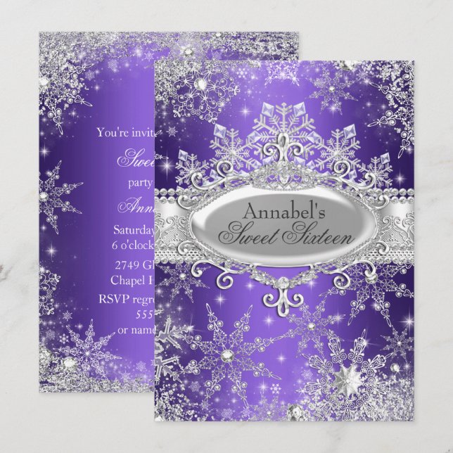 Invitation Purple Princess Winter Wonderland Sweet 16 Invitat (Devant / Derrière)