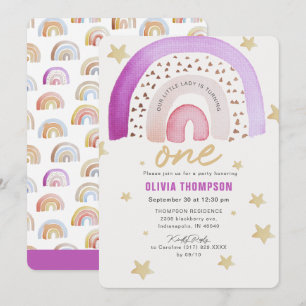 Invitation Purple Rainbow Stars Première fête d'anniversaire
