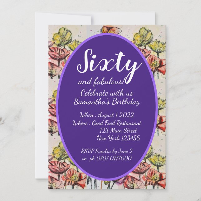Invitation Purple Red Poppy Floral 60e anniversaire Invitatio (Devant)