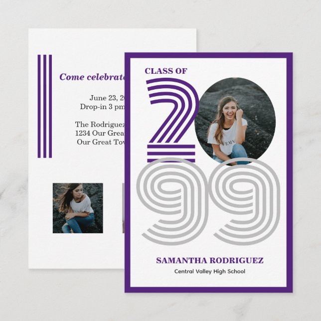 Invitation Purple Retro Grand Nombre de Graduations Photo (Devant / Derrière)
