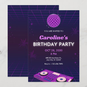 INVITATION PURPLE RETRO NIGHT DJ DISCO BALL BIRTHDAY PARTY