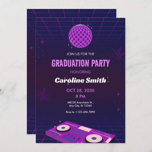 INVITATION PURPLE RETRO NIGHT DJ DISCO BALL GRADUTY (Devant / Derrière)