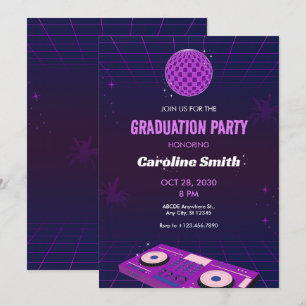 INVITATION PURPLE RETRO NIGHT DJ DISCO BALL GRADUTY