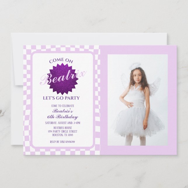 Invitation Purple Retro Poupée photo Anniversaire (Devant)