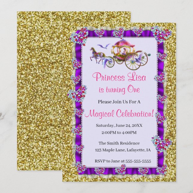 Invitation Purple Ribbon Gold Parties scintillant Royal Princ (Devant / Derrière)
