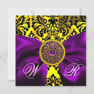 INVITATION PURPLE RIBBON OR JAUNE BLACK DAMASK MONOGRAM