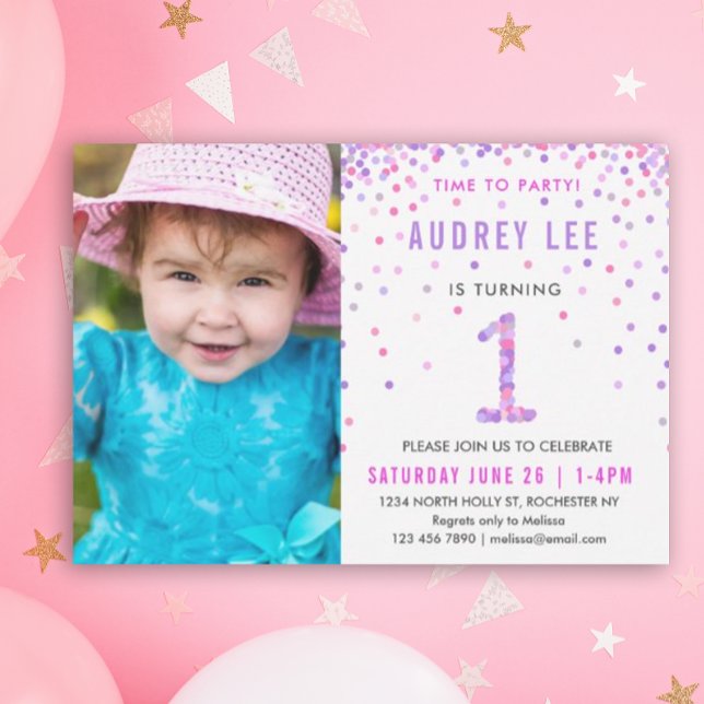 Invitation Purple rose 1er anniversaire fête photo Anniversai (Pink and purple confetti for your little girl's first birthday - easily add your own photo!)