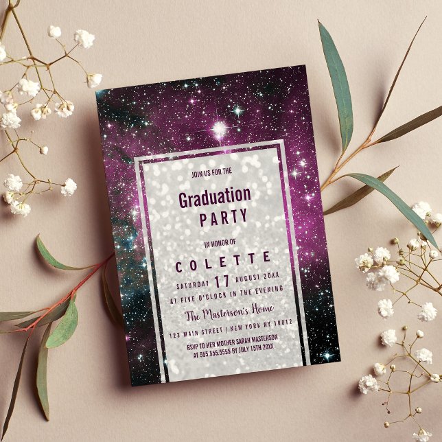 Invitation Purple rose blanc parties scintillant nebula fête  (Purple pink white glitter nebula Graduation Party )