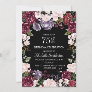 Invitation Purple rose Bourgogne Floral Noir 75e anniversaire