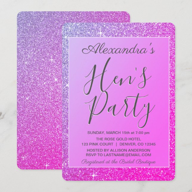 Invitation Purple rose étincelle Parties scintillant Hen's Pa (Devant / Derrière)