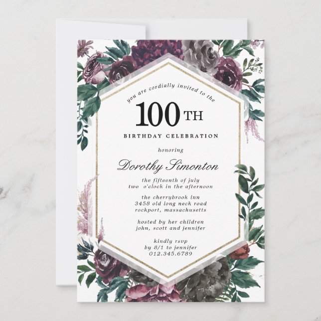 Invitation Purple Rose Floral 100e anniversaire de fête Invit (Devant)