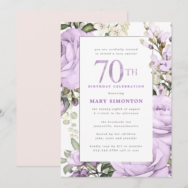 Invitation Purple Rose Floral 70e fête d'anniversaire (Devant / Derrière)