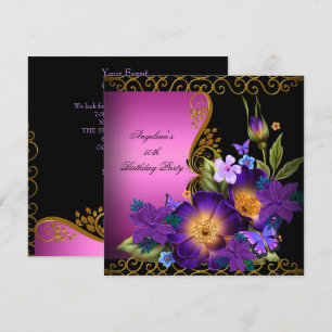 Invitation Purple rose Floral Black Gold fête d'anniversaire