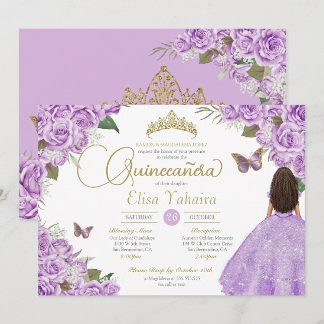 Invitation Purple Rose Floral Gold Tiara Butterfly Quince Inv (Devant / Derrière)