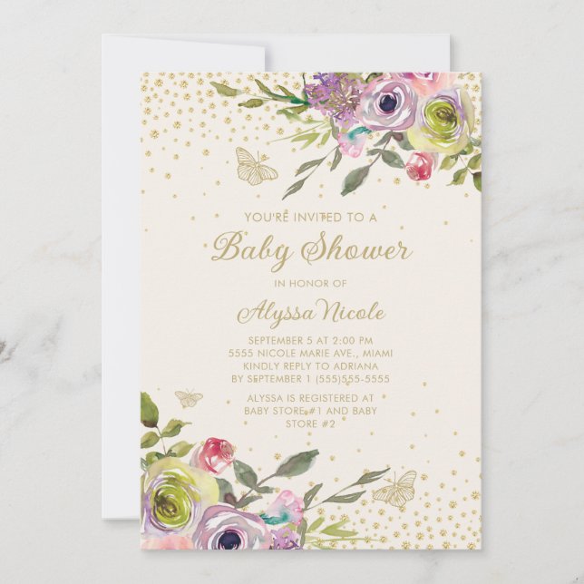 Invitation Purple rose Floral Parties scintillant d'or Papill (Devant)