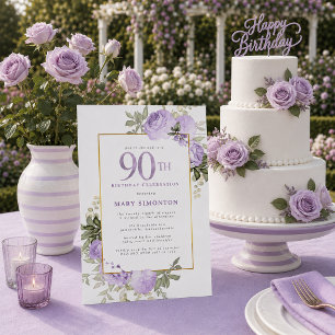 Invitation Purple Rose Gold Floral 90e fête d'anniversaire