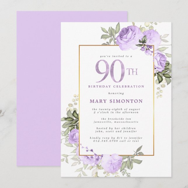 Invitation Purple Rose Gold Floral 90e fête d'anniversaire (Devant / Derrière)