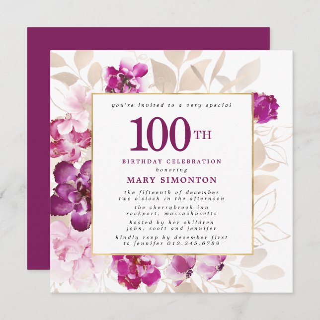 Invitation Purple Rose or Floral 100e anniversaire (Devant / Derrière)