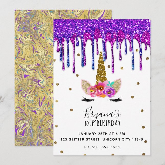 Invitation Purple & Rose Parties scintillant Drift Unicorn An (Devant / Derrière)