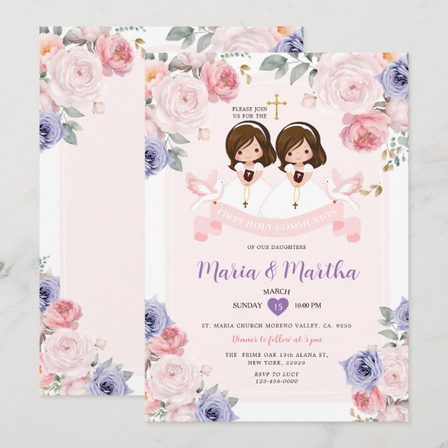Invitation Purple & Rose TWIN Girl 1ère Sainte Communion Flor (Devant / Derrière)