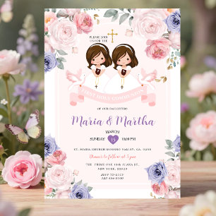 Invitation Purple & Rose TWIN Girl 1ère Sainte Communion Flor