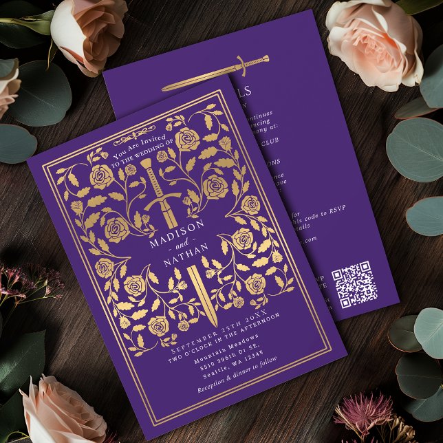 Invitation Purple Royal Medieval Gold Sword Wedding QR Code (Créateur téléchargé)
