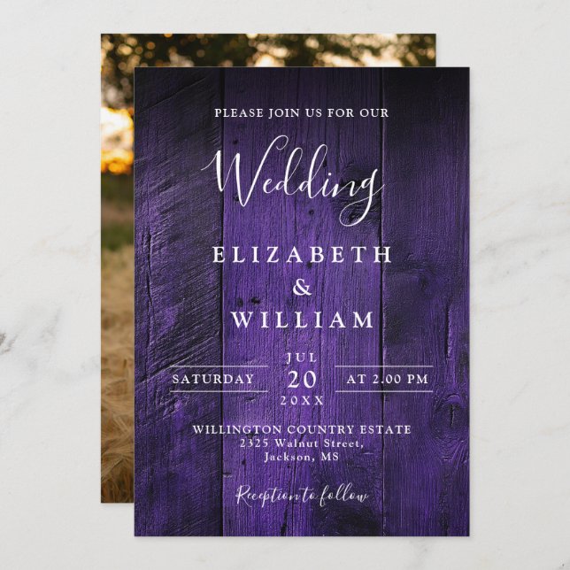 Invitation Purple Rustic Boho Grange Mariage photo (Devant / Derrière)