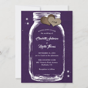 Invitation Purple Rustic Burlap Hearts Mason Jar Mariage