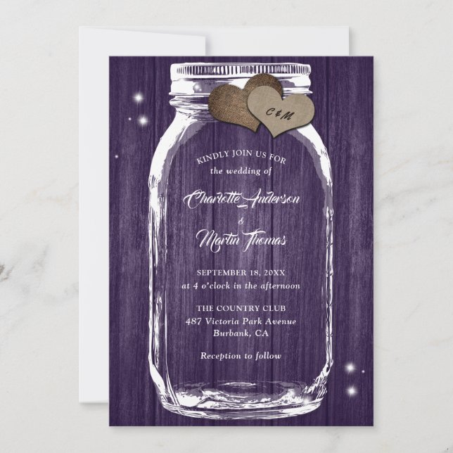 Invitation Purple Rustic Wood Hearts Mason Jar Mariage (Devant)
