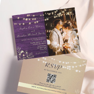 Invitation Purple Rustique Bois Chaîne Lumières Mariage QR Co
