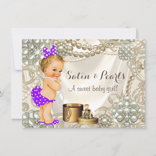 Invitation Purple Satin Pearl Girly Baby Girl Douche (Devant)