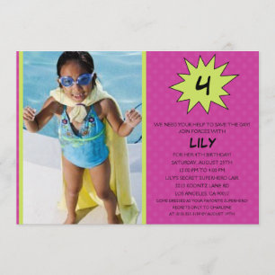 Invitation Purple Save the Day Superhero Photo Birthday Party